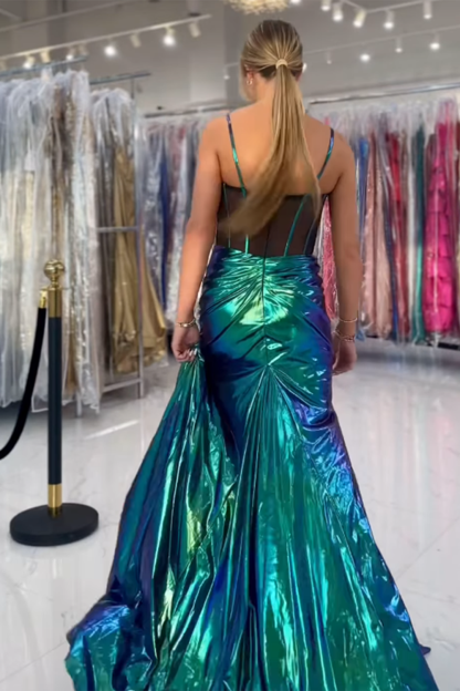 Long Green Metallic Mermaid Prom Dress with Spaghetti Straps and Slit Corset