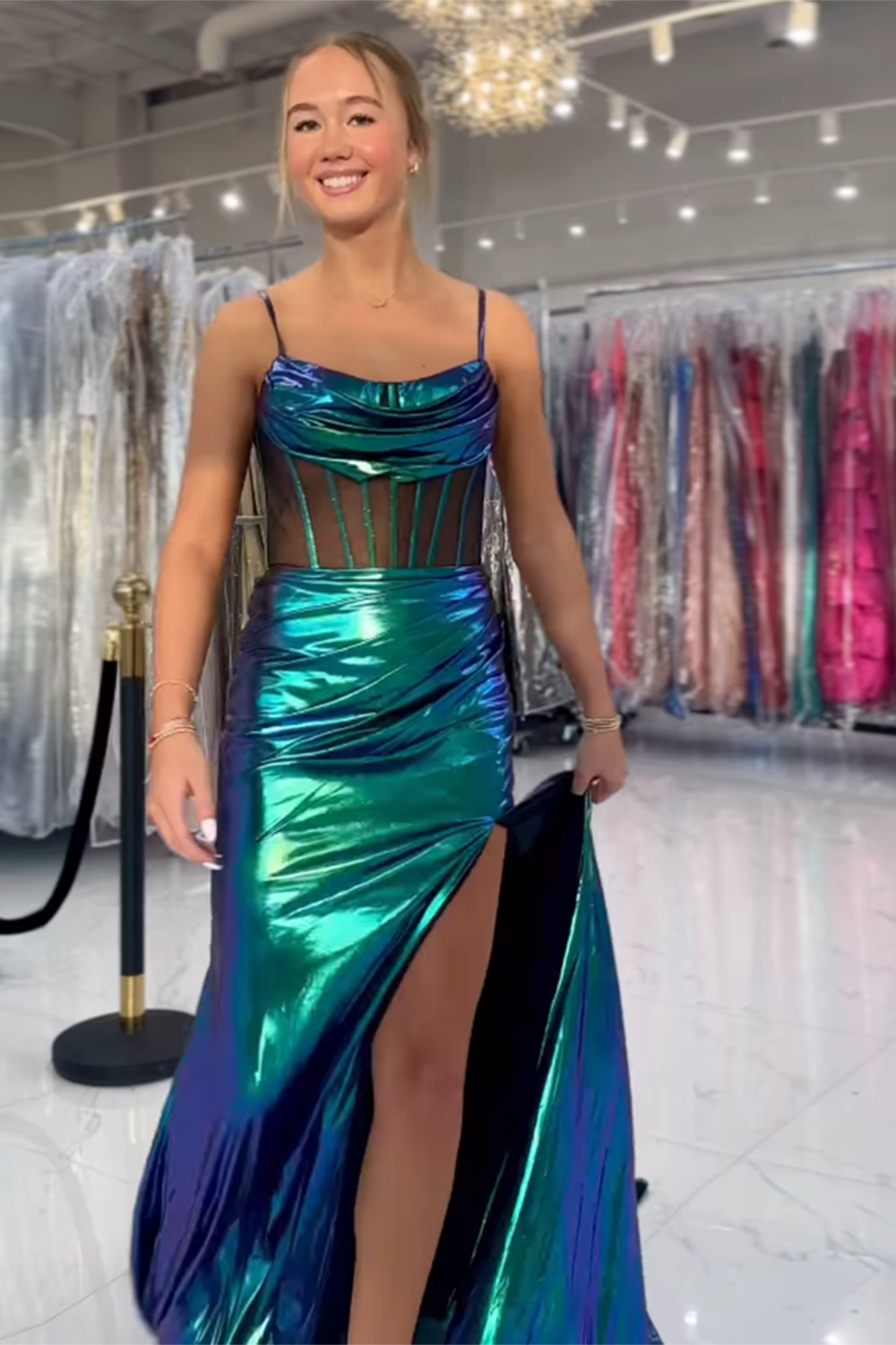Long Green Metallic Mermaid Prom Dress with Spaghetti Straps and Slit Corset