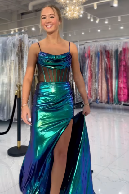 Long Green Metallic Mermaid Prom Dress with Spaghetti Straps and Slit Corset