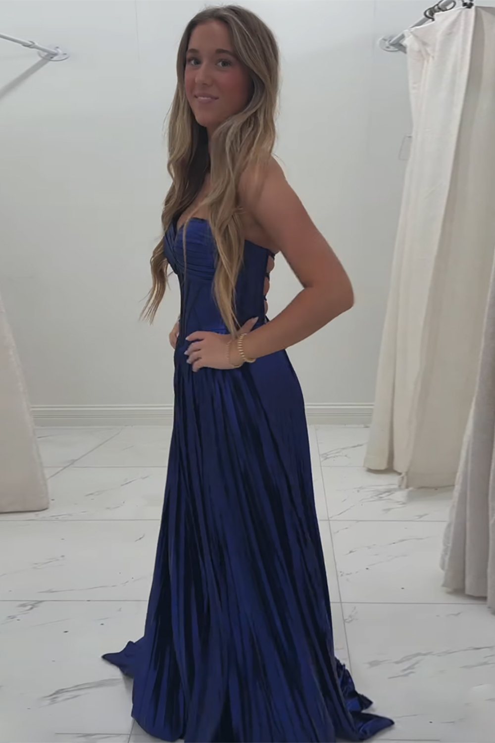 Metallic Pleated Long Corset Prom Dress in Royal Blue with Sweetheart Neckline and Slit