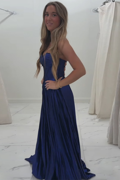 Metallic Pleated Long Corset Prom Dress in Royal Blue with Sweetheart Neckline and Slit