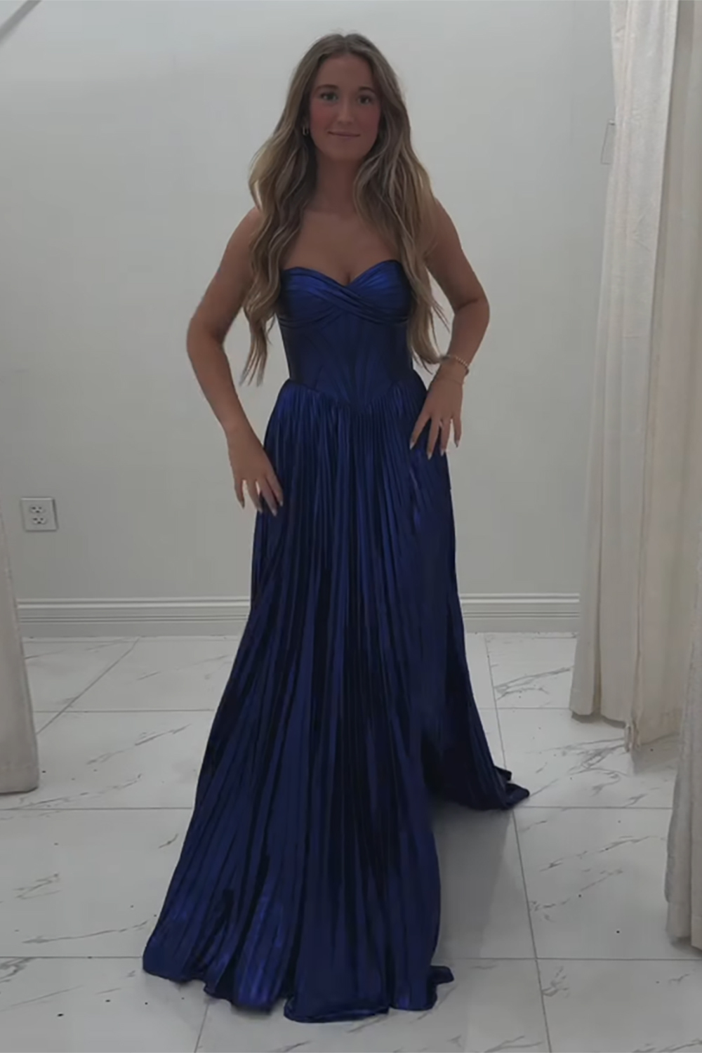 Metallic Pleated Long Corset Prom Dress in Royal Blue with Sweetheart Neckline and Slit