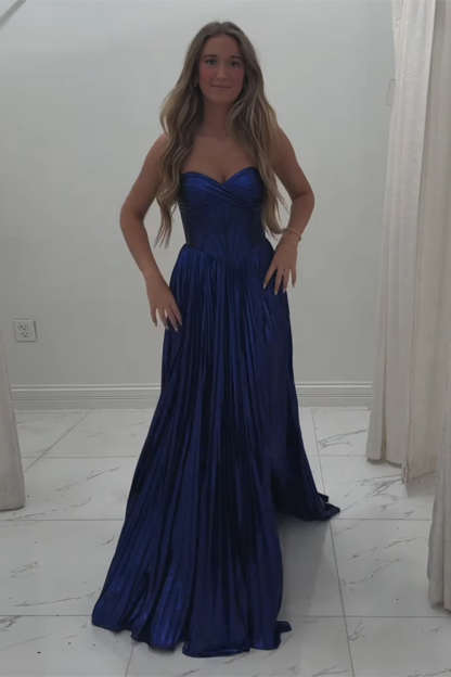 Metallic Pleated Long Corset Prom Dress in Royal Blue with Sweetheart Neckline and Slit