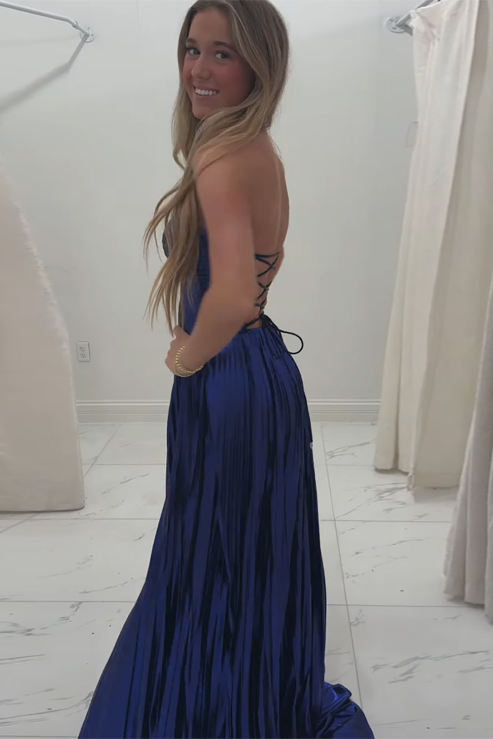 Metallic Pleated Long Corset Prom Dress in Royal Blue with Sweetheart Neckline and Slit