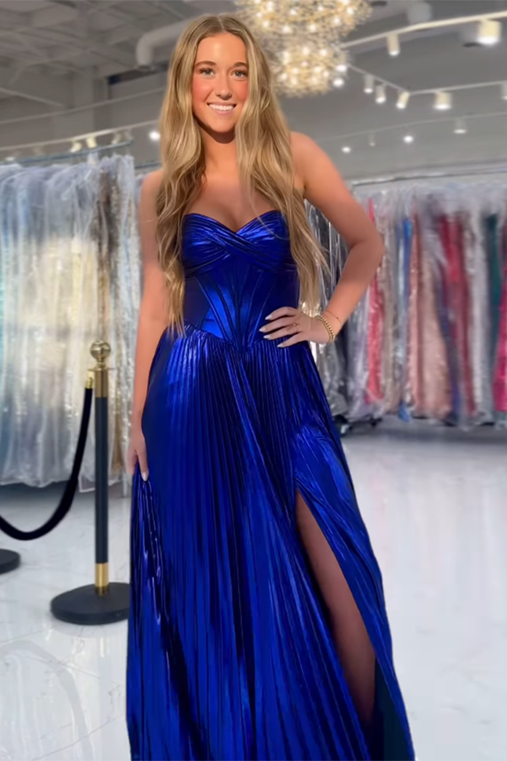 Metallic Pleated Long Corset Prom Dress in Royal Blue with Sweetheart Neckline and Slit