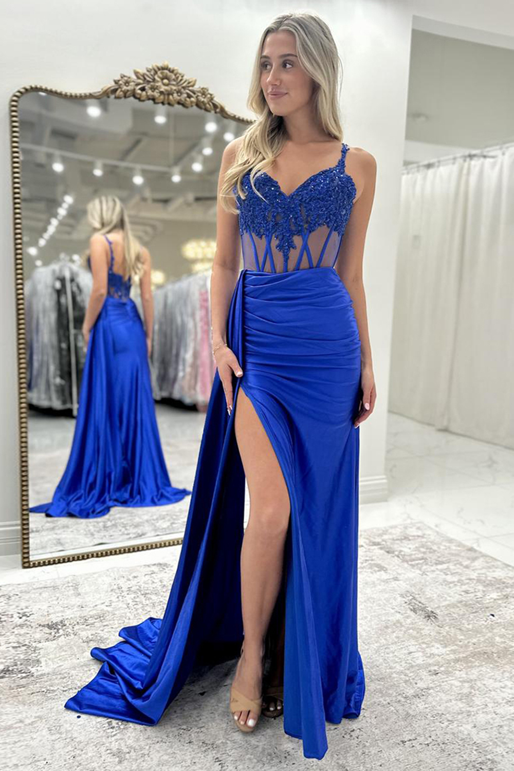 Long Mermaid Prom Corset Dress in Black Satin with Spaghetti Straps and Slit