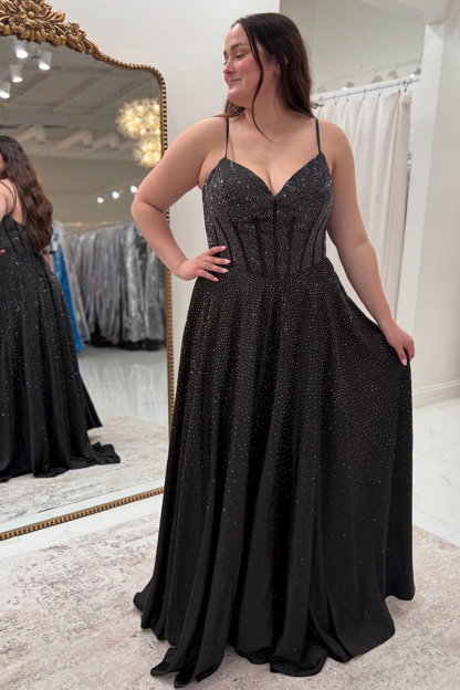 Long A-Line Corset Prom Dress with Black Spaghetti Straps and Beading