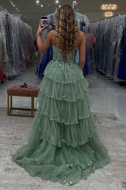 Long Strapless Princess Prom Dress in Dark Red with Ruffled Tulle and Slit