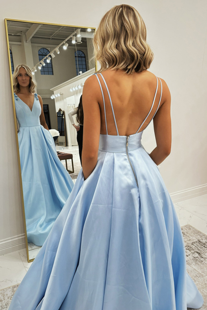 Strapless Satin Prom Dress in Light Blue with Open Back and Spaghetti Strap A-Line Design