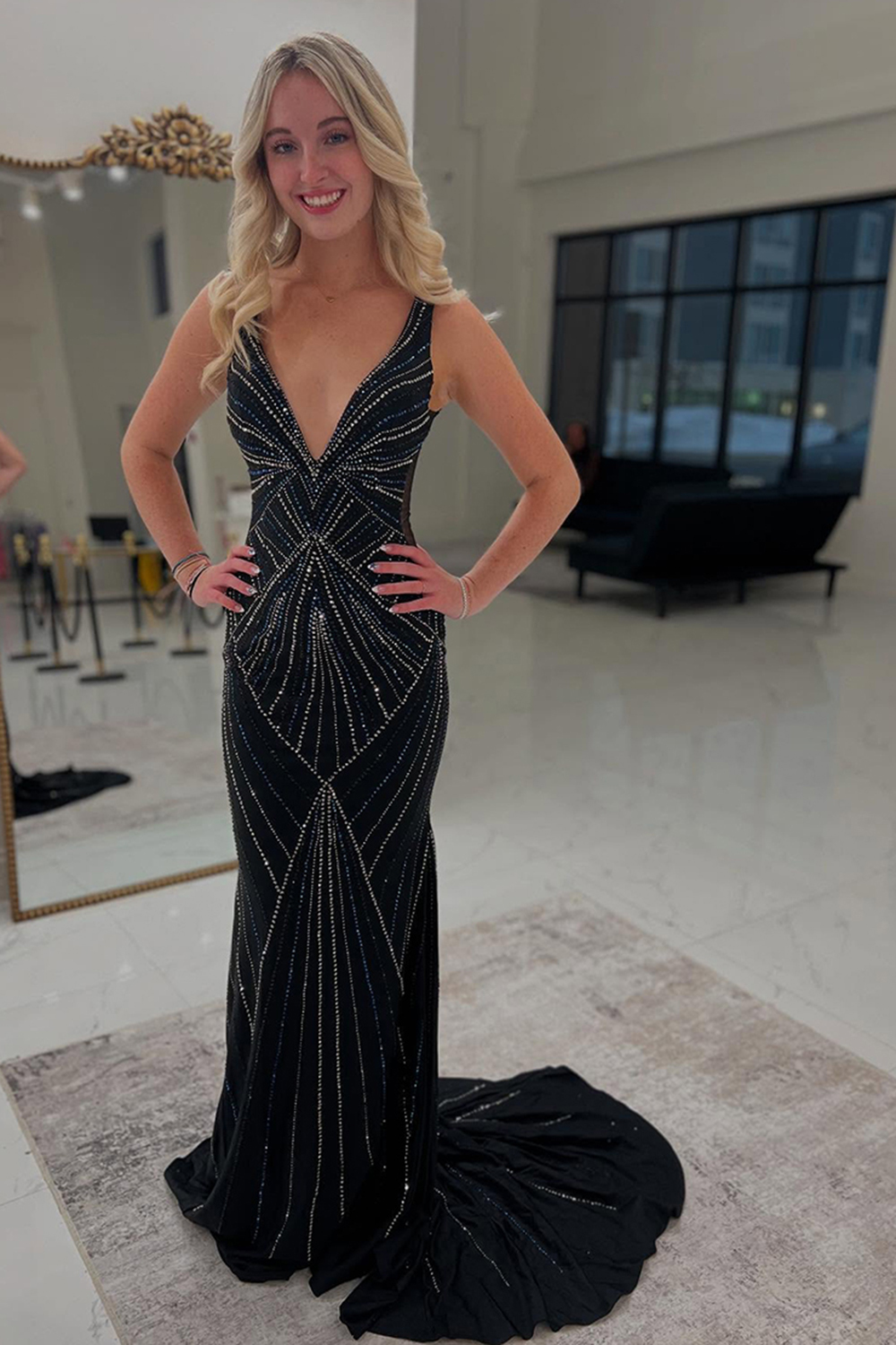 Long Beaded Mermaid Prom Dress with Black Spaghetti Straps