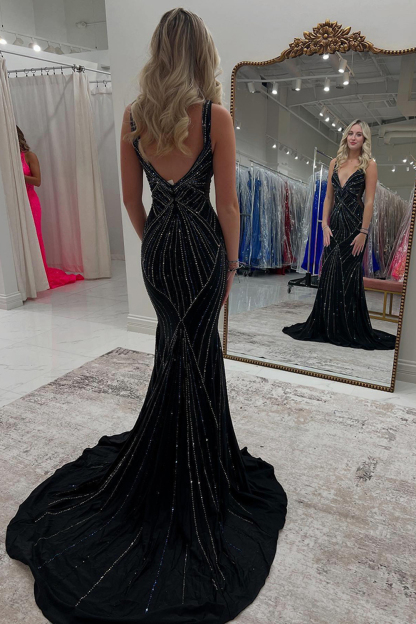 Long Beaded Mermaid Prom Dress with Black Spaghetti Straps