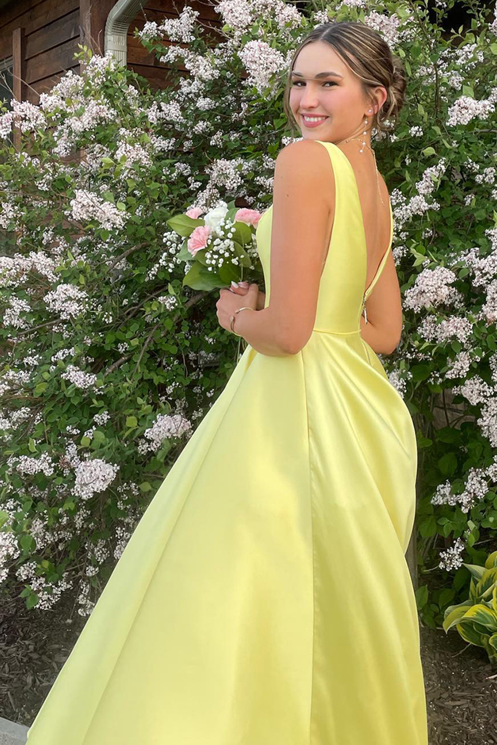 Long A-Line Prom Dress in Yellow Satin with Spaghetti Straps