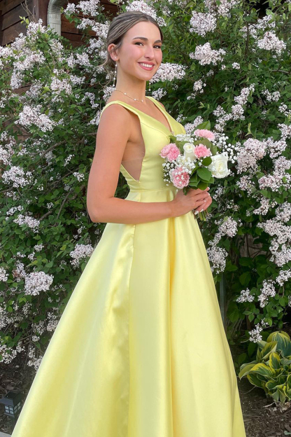 Long A-Line Prom Dress in Yellow Satin with Spaghetti Straps