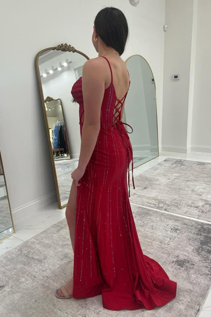 Long Burgundy Mermaid Prom Dress Featuring Spaghetti Straps and a Slit