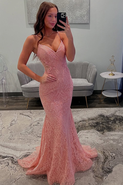 Long Mermaid Prom Dress with Pink Lace Spaghetti Straps