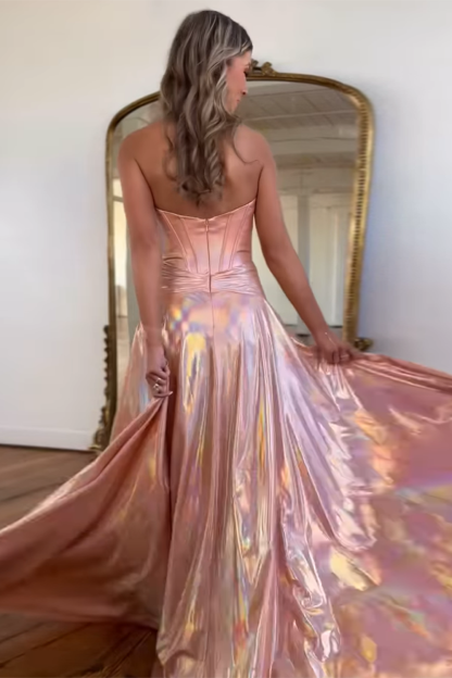 Long A Line Prom Dress in Metallic Pink with Sweetheart Neckline and Slit