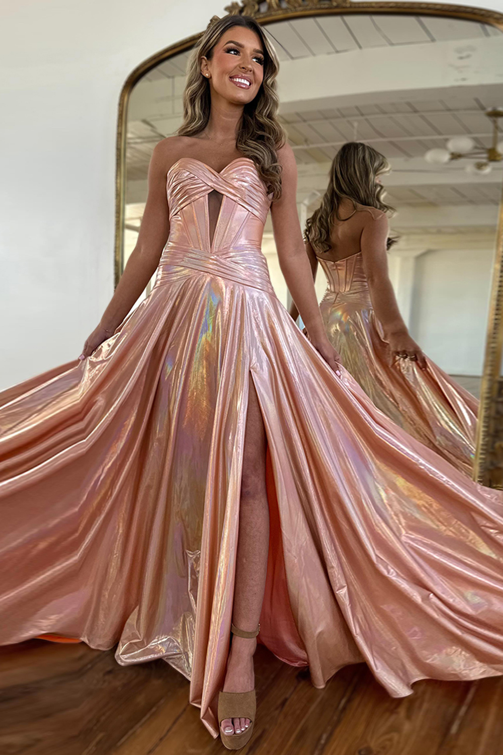 Long A Line Prom Dress in Metallic Pink with Sweetheart Neckline and Slit