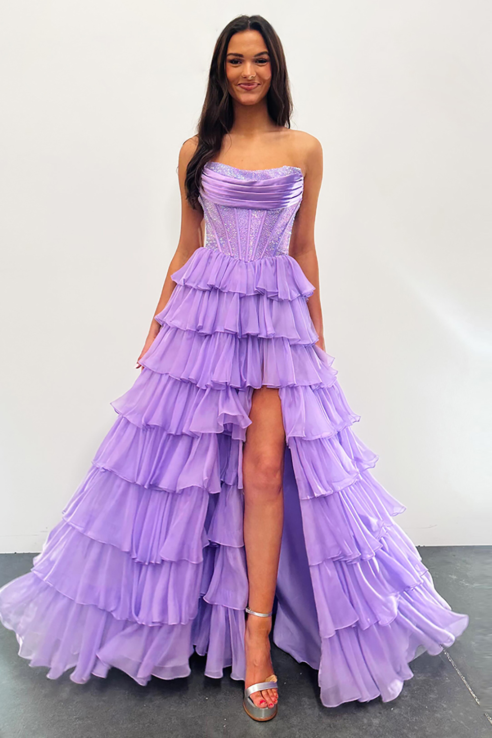 Sparkly Navy Strapless Corset with Long Chiffon A-Line Prom Dress