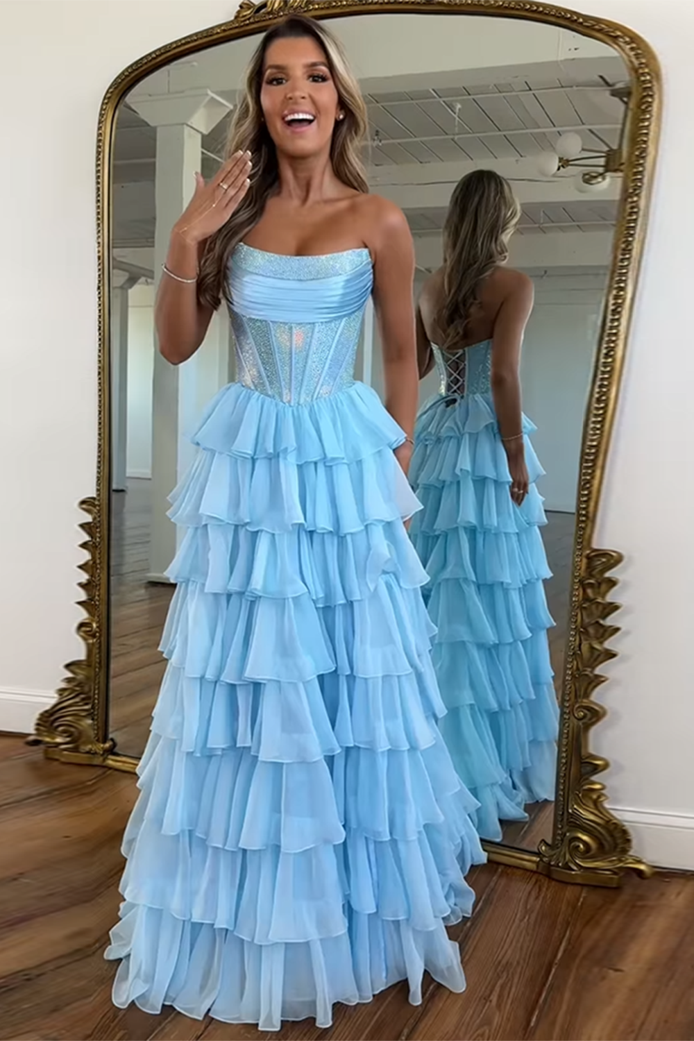Light Blue Sparkly Corset Dress with Chiffon A-Line Skirt for Prom
