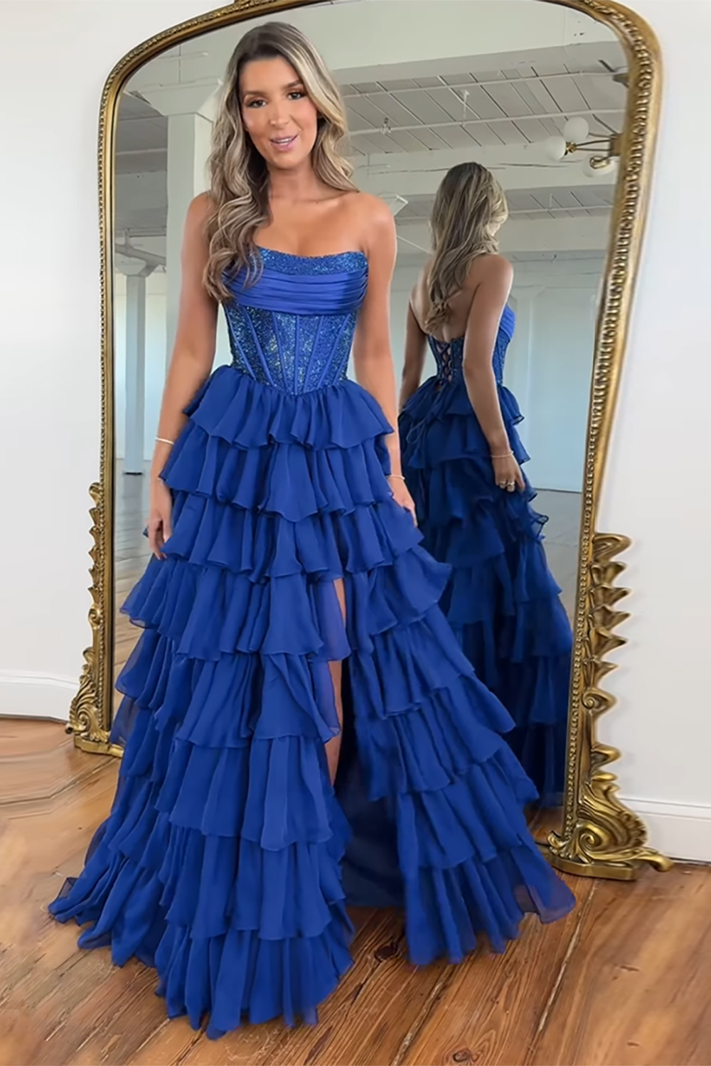 Sparkly Navy Strapless Corset with Long Chiffon A-Line Prom Dress