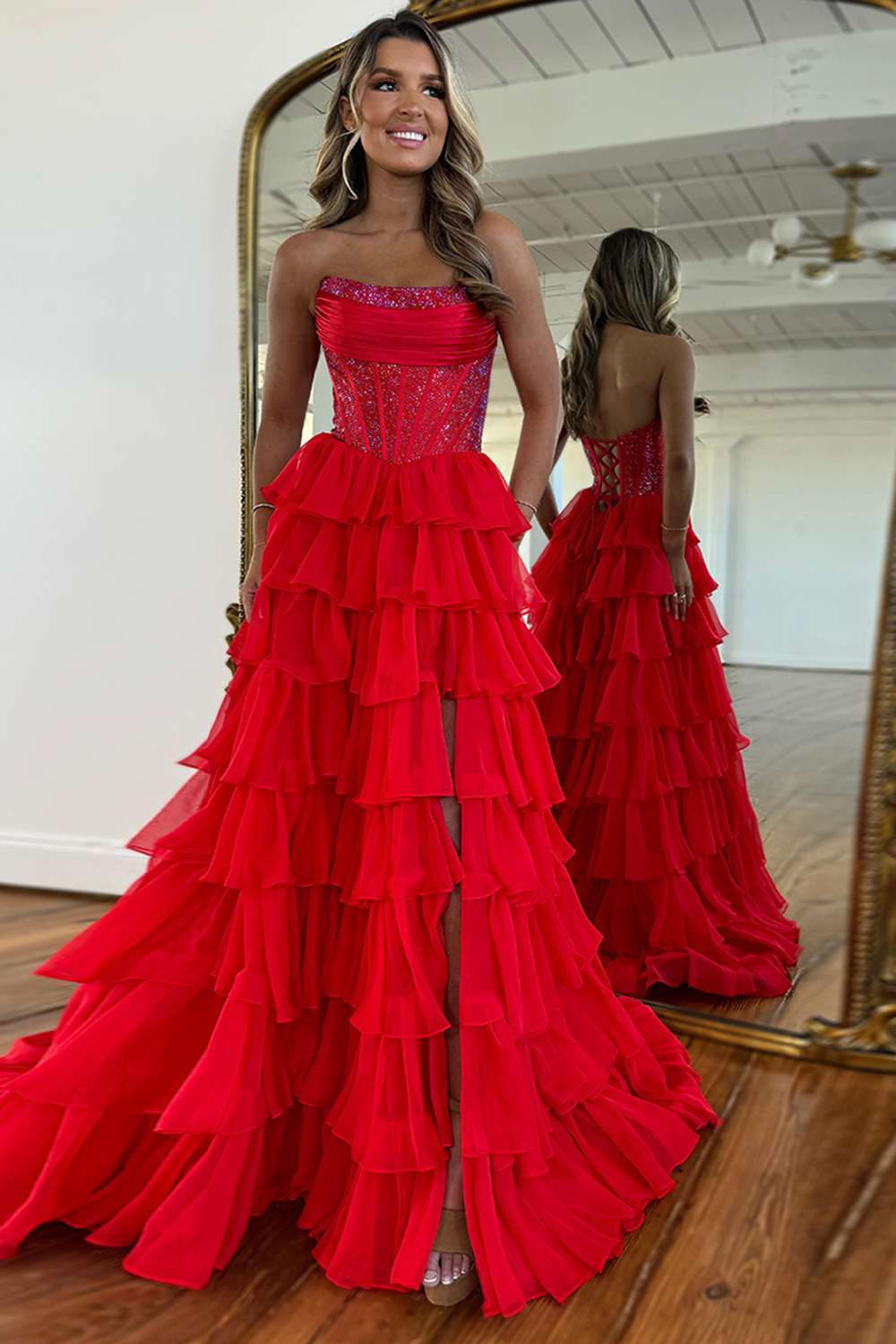 Sparkly Navy Strapless Corset with Long Chiffon A-Line Prom Dress