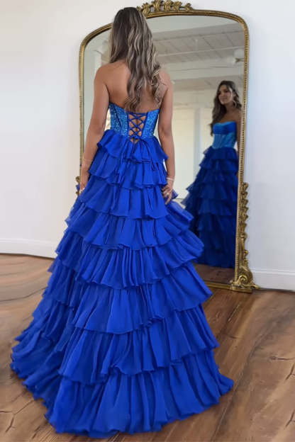 Sparkly Navy Strapless Corset with Long Chiffon A-Line Prom Dress