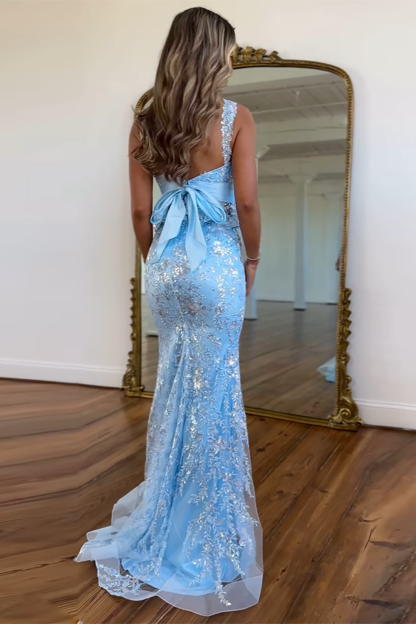 Blue Glitter Sweetheart Long Prom Dress with Bowknot Applique