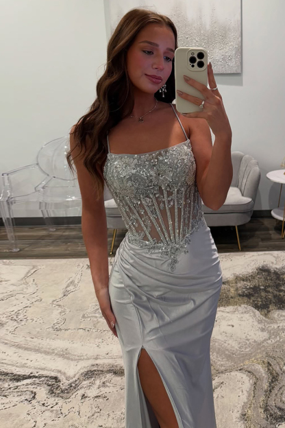 Long Satin Prom Dress with Sparkly Silver Corset and Spaghetti Straps Featuring a Slit