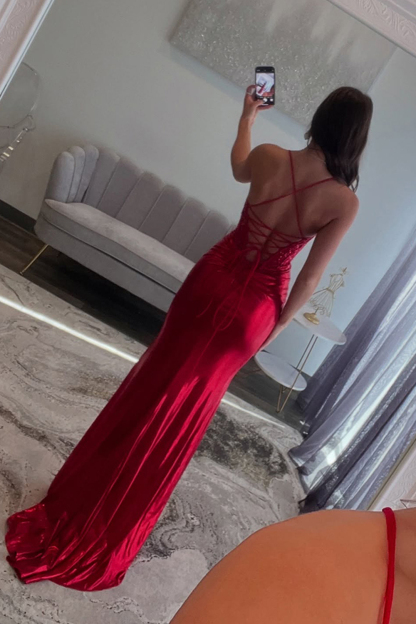 Long Red Satin Prom Dress with Glitter and Ruched Slit