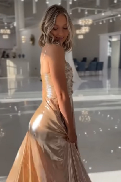 Long Ruched A-Line Prom Dress in Metallic Gold with Slit