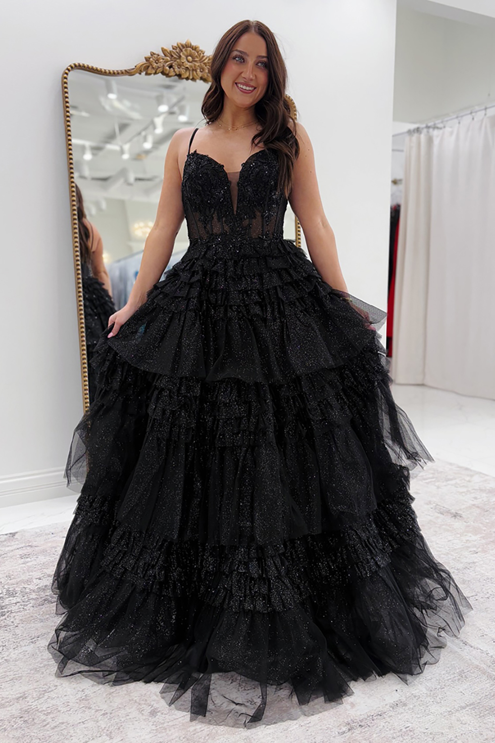 Long Black Tulle Prom Dress with Corset and Ball Gown Appliques
