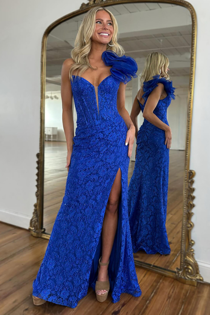 Long Royal Blue Sparkly Sheath Prom Dress with Corset Lace and Slit