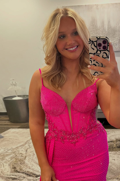 Long Beaded Satin Prom Dress in Sparkly Fuchsia with Corset and Slit