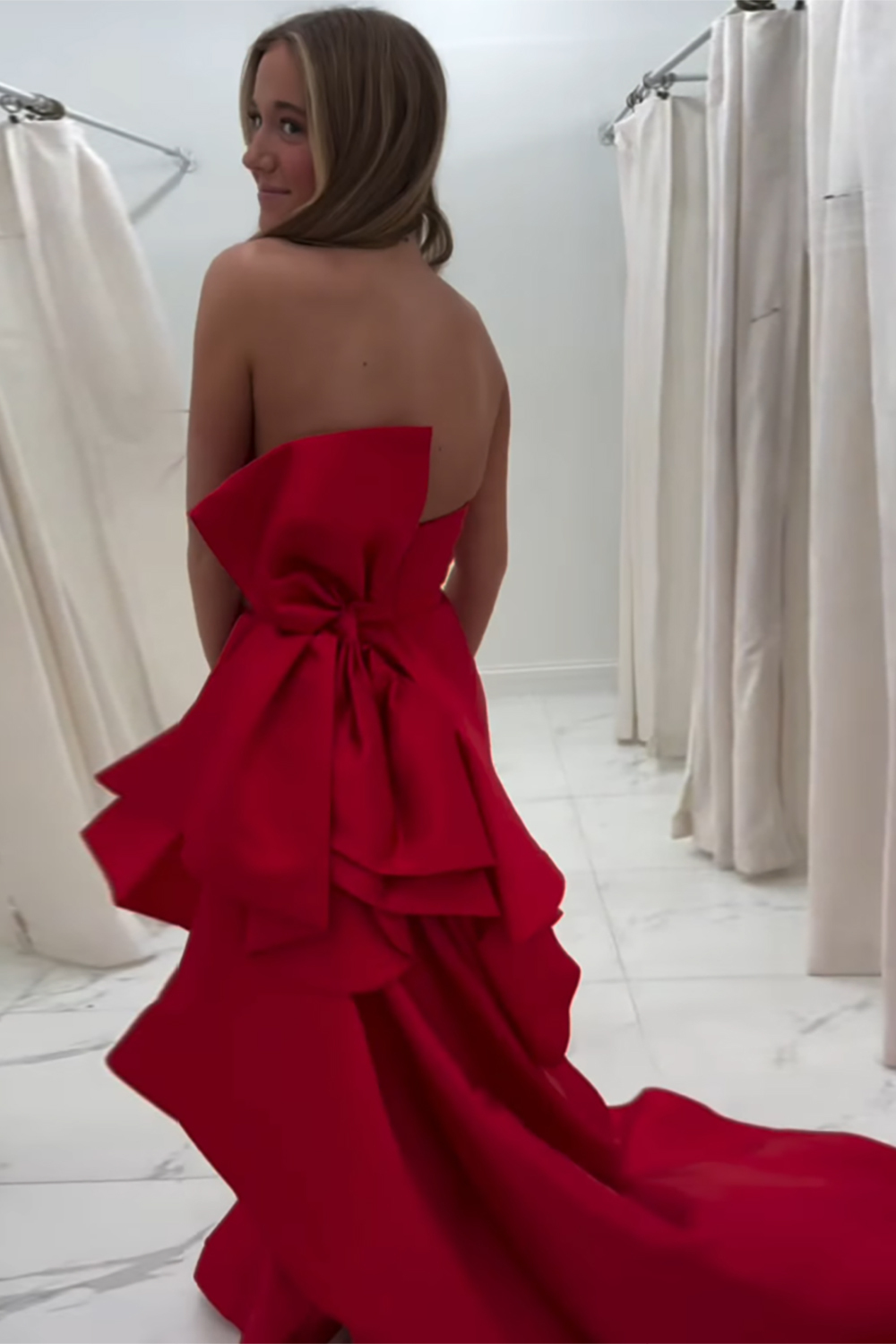 Long Red Satin Prom Dress with Strapless Bowknot and Slit