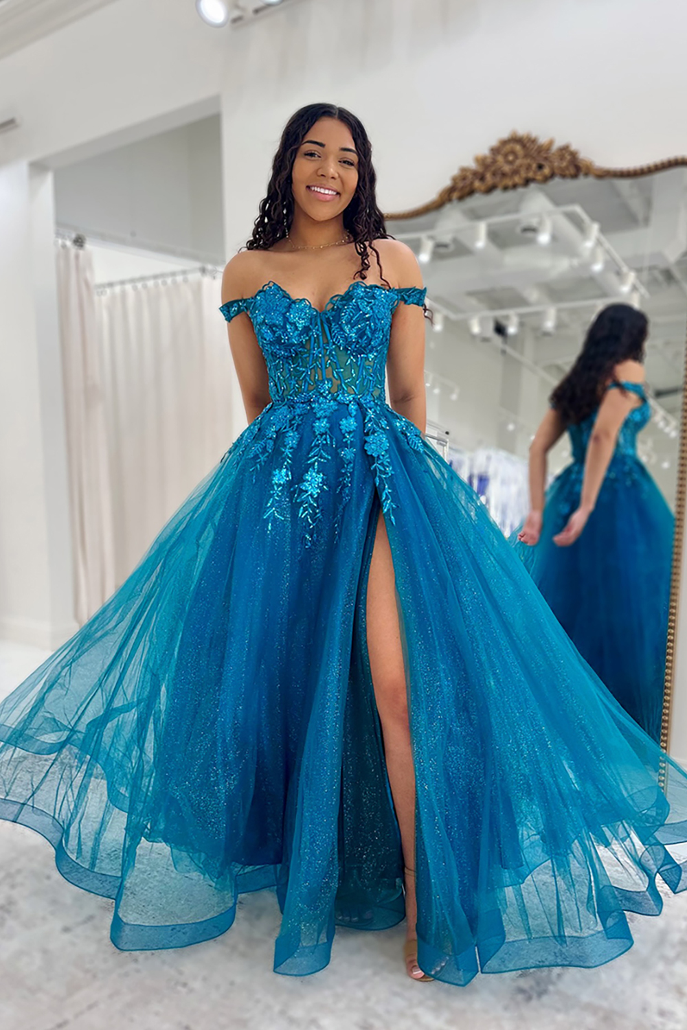 Long Peacock Corset Prom Dress with Sparkly Applique and Slit