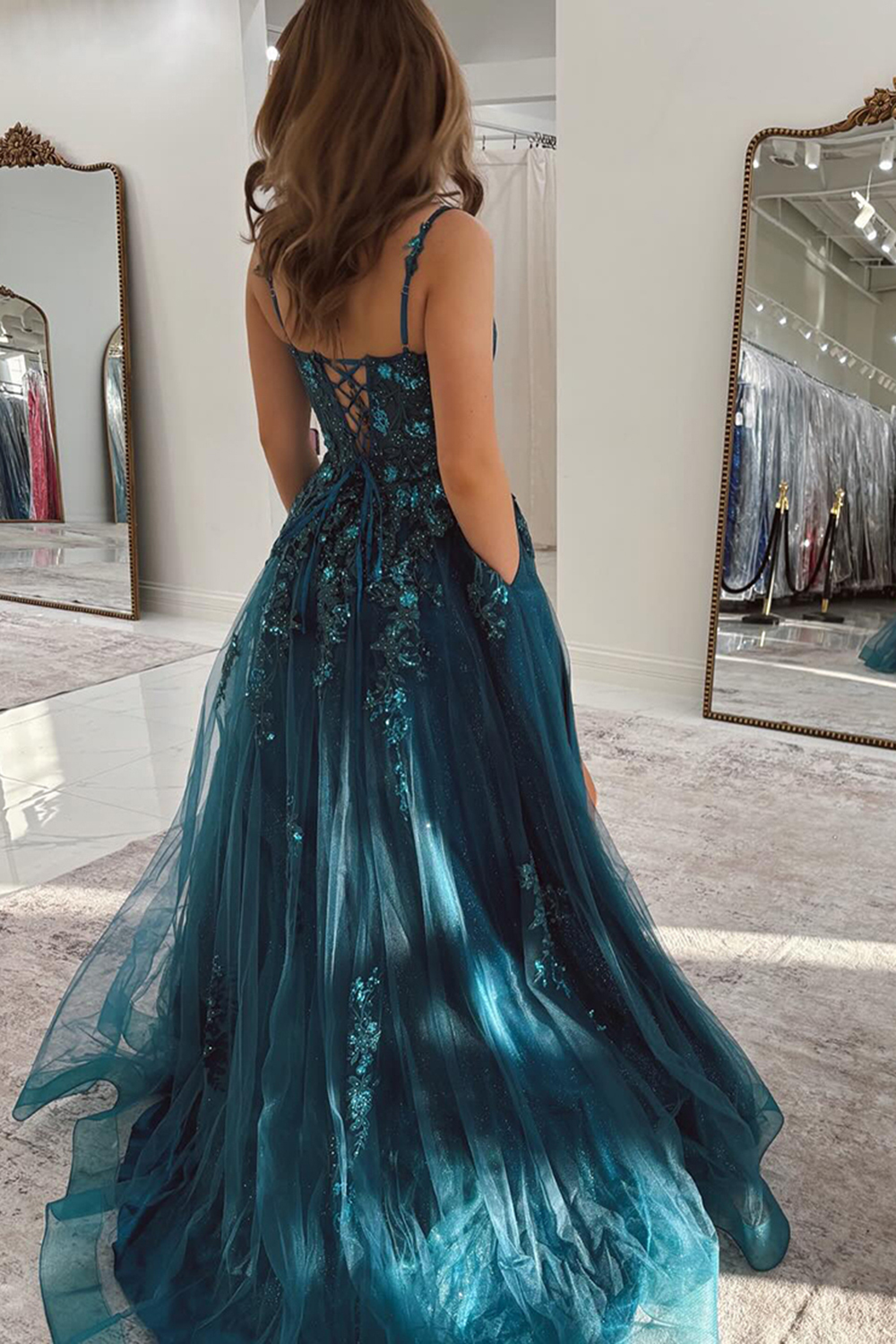 Long Spaghetti Straps Prom Dress in Peacock Blue with A-Line Tulle
