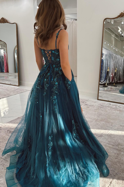 Long Spaghetti Straps Prom Dress in Peacock Blue with A-Line Tulle