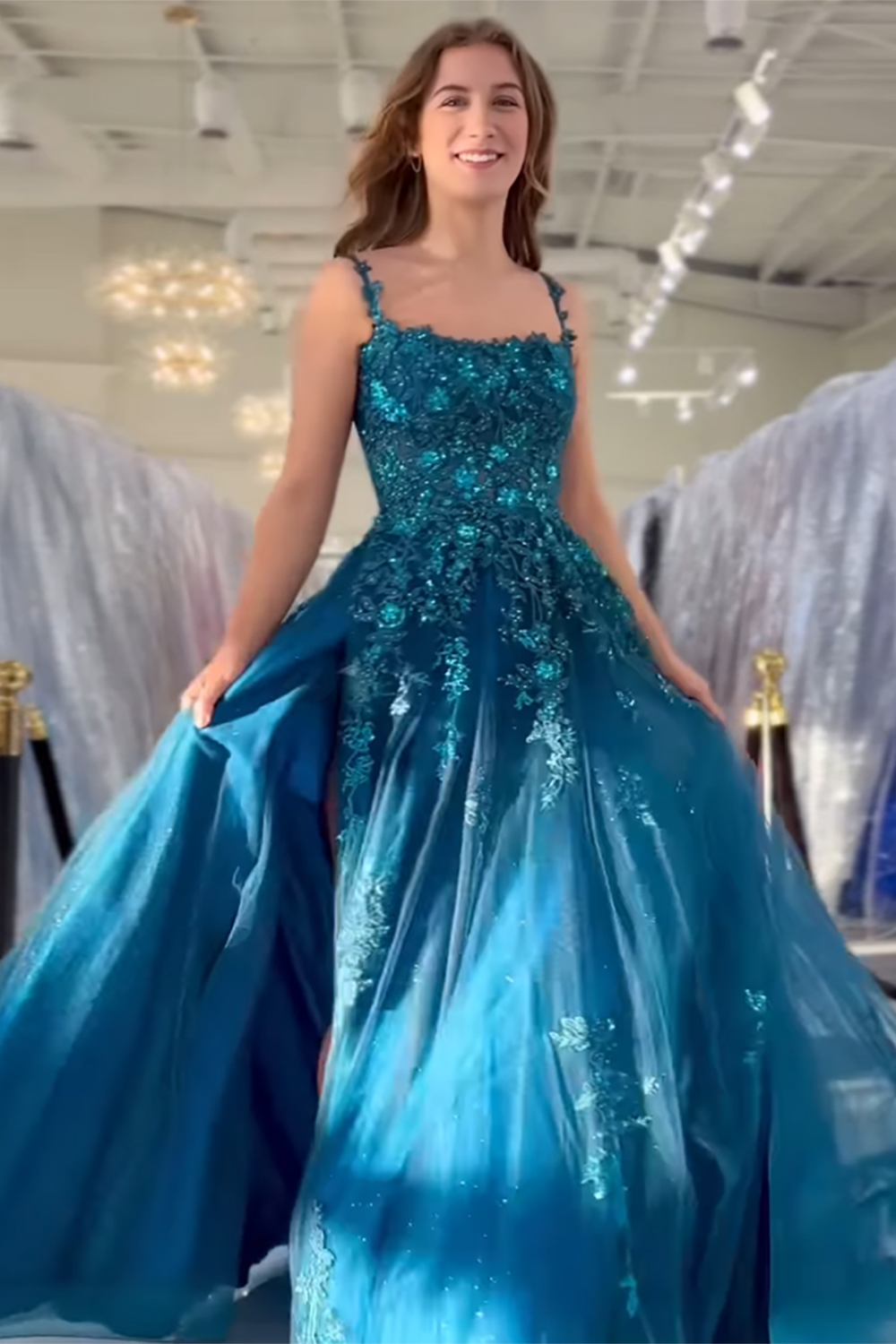 Long Spaghetti Straps Prom Dress in Peacock Blue with A-Line Tulle