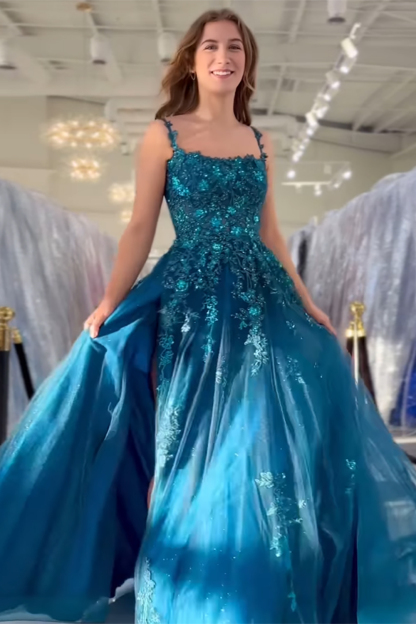 Long Spaghetti Straps Prom Dress in Peacock Blue with A-Line Tulle