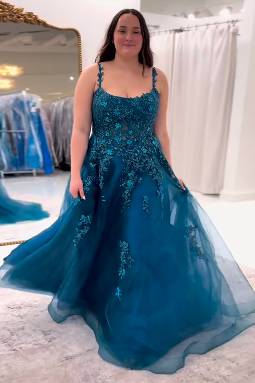 Long Spaghetti Straps Prom Dress in Peacock Blue with A-Line Tulle