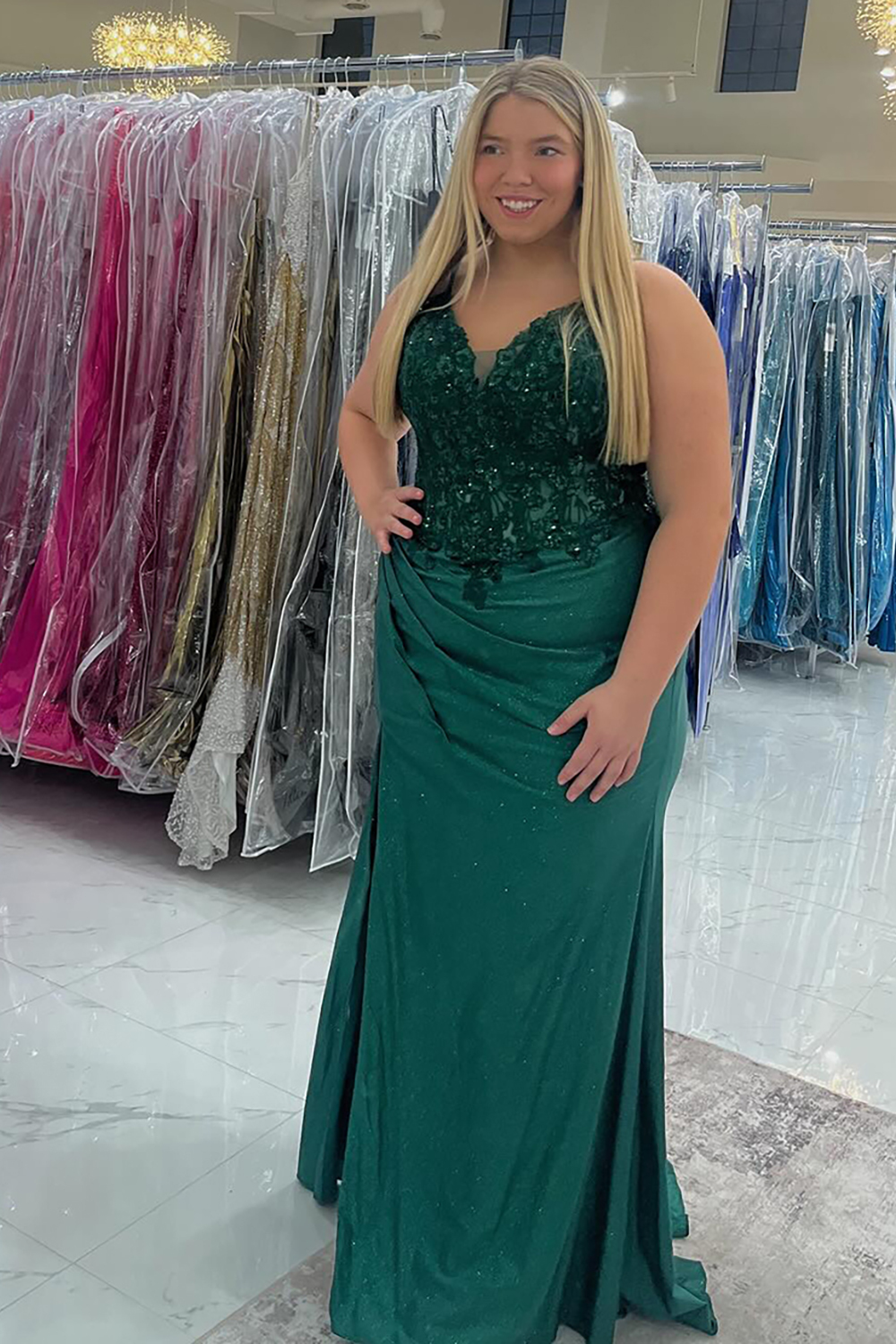 Long Ruched Prom Dress in Sparkly Emerald Green with Appliques