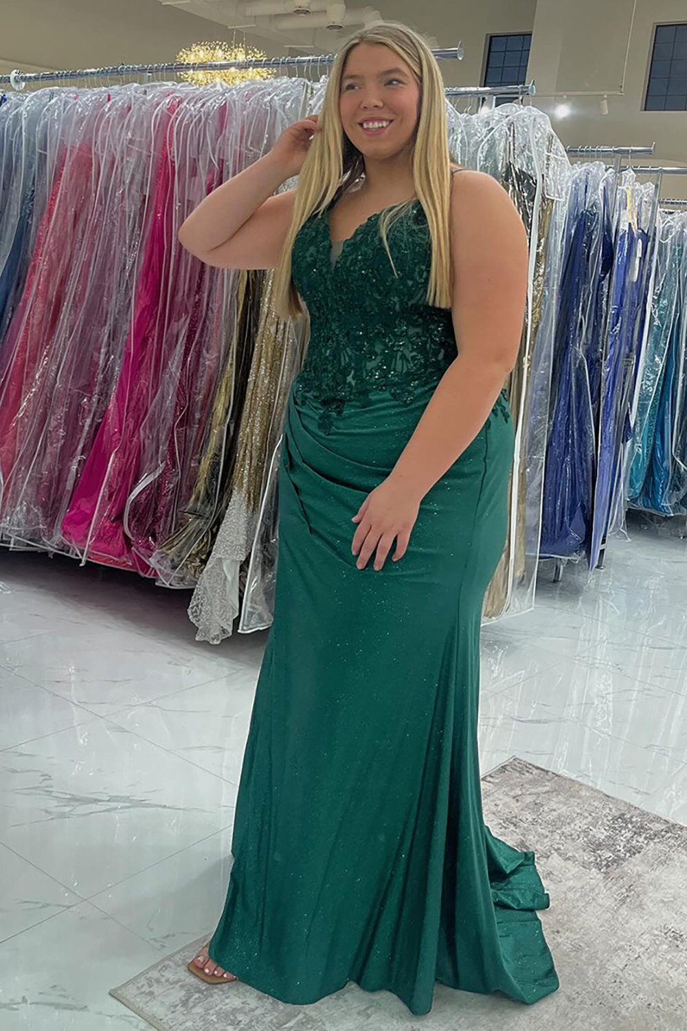 Long Ruched Prom Dress in Sparkly Emerald Green with Appliques