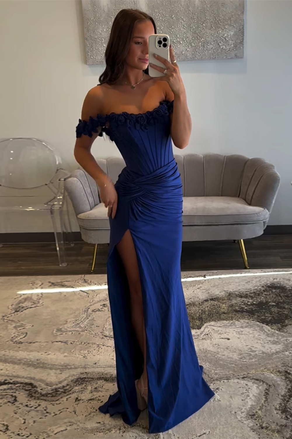 Long Off-the-Shoulder Navy Satin Corset Prom Dress with Slit