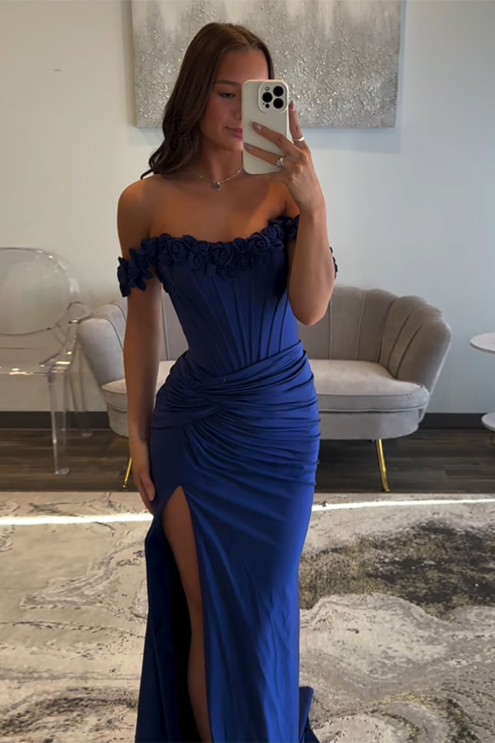 Long Off-the-Shoulder Navy Satin Corset Prom Dress with Slit
