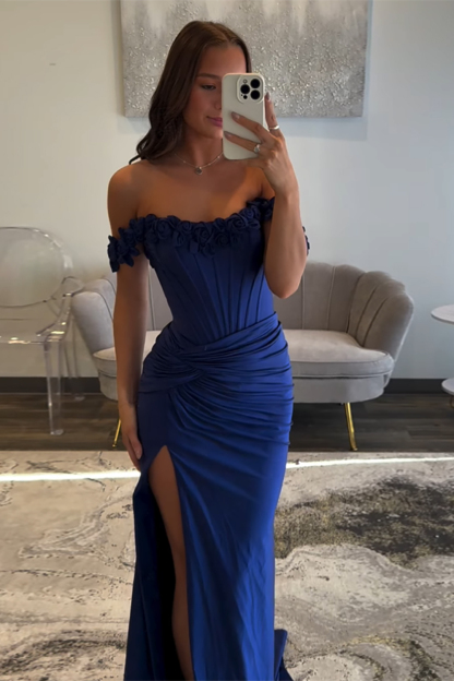 Long Off-the-Shoulder Navy Satin Corset Prom Dress with Slit