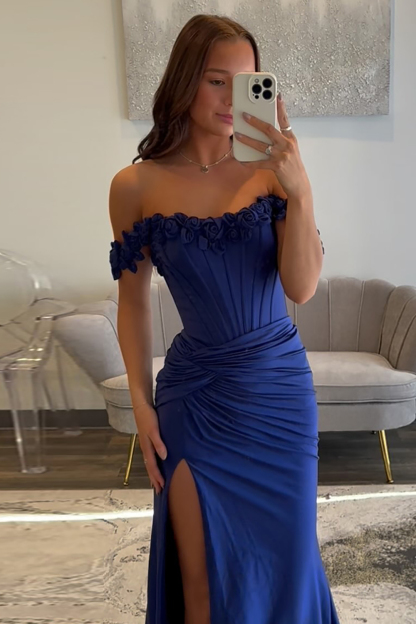Long Off-the-Shoulder Navy Satin Corset Prom Dress with Slit
