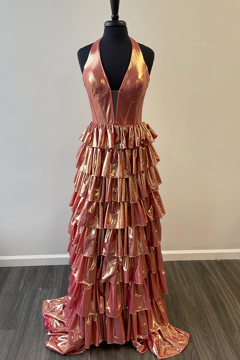 Gold Metallic Long Corset Ball Gown with Tiered Skirt and Slit for Prom