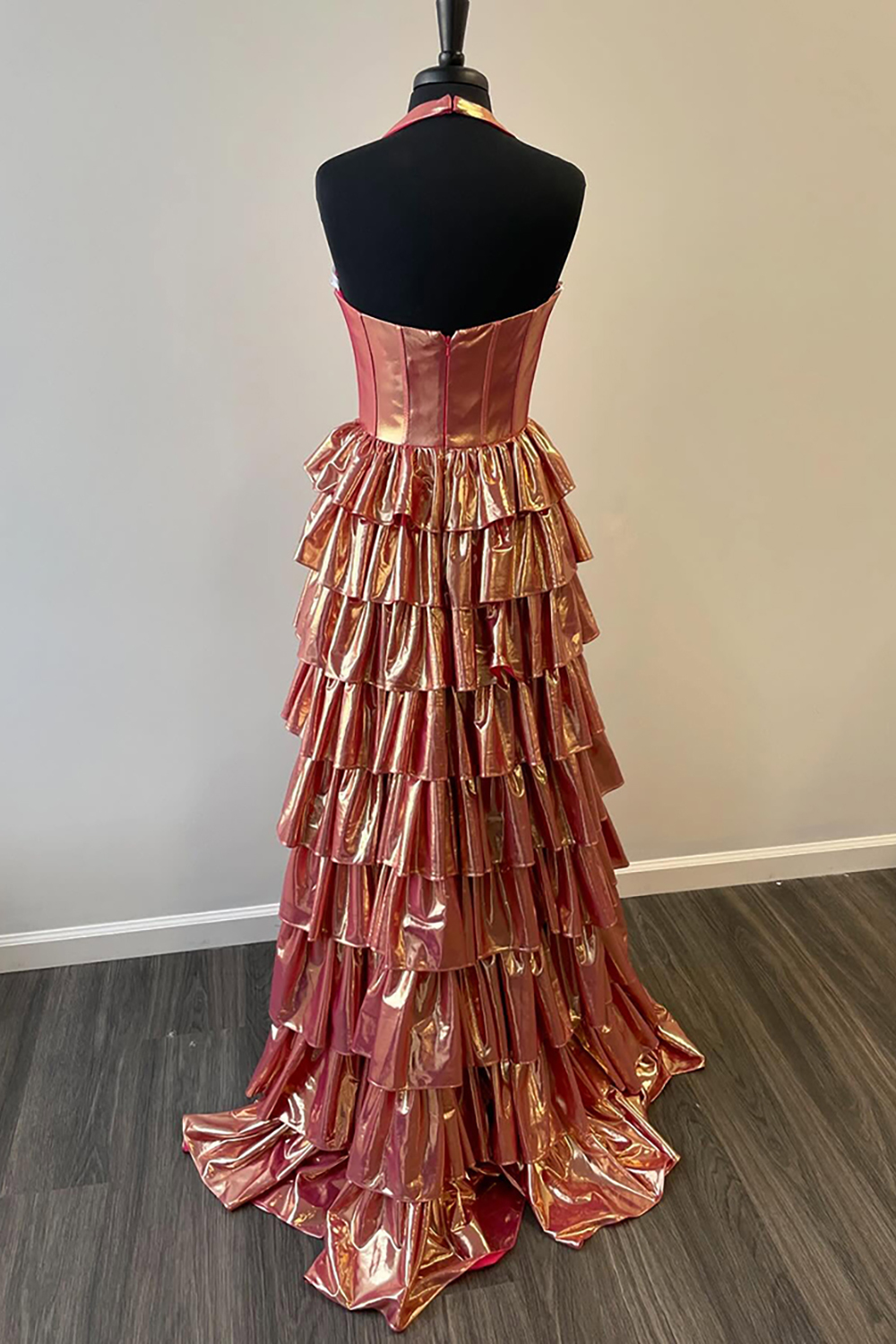 Gold Metallic Long Corset Ball Gown with Tiered Skirt and Slit for Prom