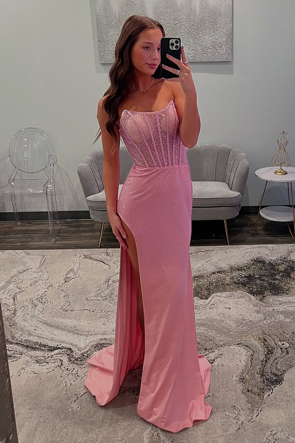 Long Beaded Pink Sheath Corset Prom Dress with Sparkly Slit