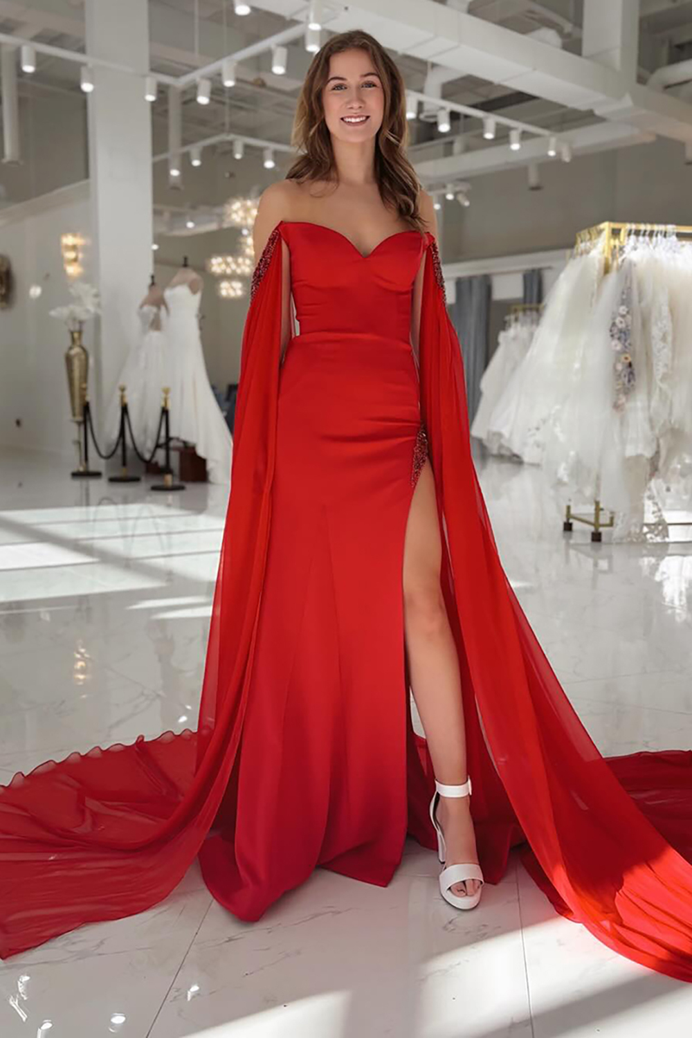 Elegant Long Red Chiffon Prom Dress with Off-Shoulder Neckline and Slit